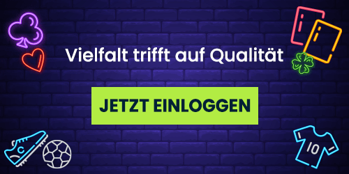 Casino Banner mit Neon Symbolen und Einloggen Button