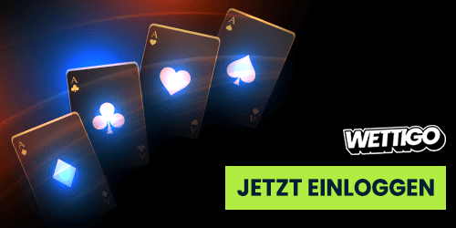 Wettigo Erfahrungen Darstellung mit leuchtenden Spielkarten und Login Button