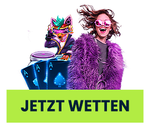 Casino Szene mit Spielfiguren Karten und Jetzt Wetten Button