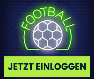 Neon Fussball Symbol auf dunkler Wand mit Einloggen Button